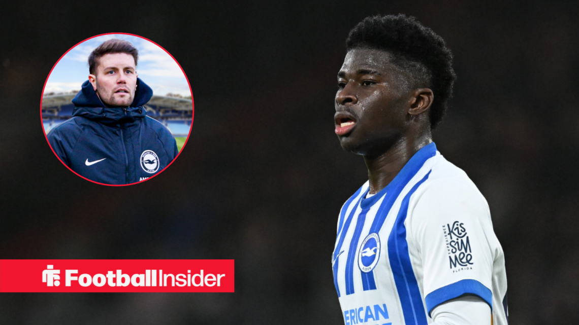 Carlos Baleba in a Brighton kit, Fabian Hurzeler in a circular inset