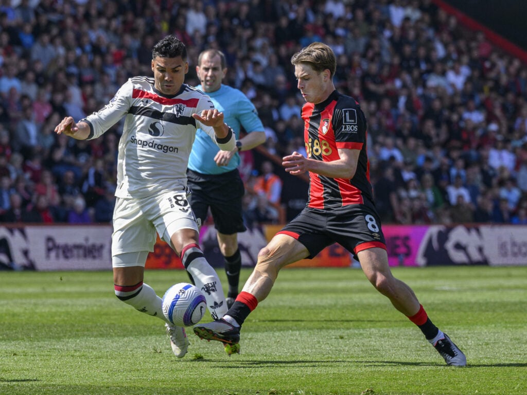 Casemiro challenges for the ball during a Premier League game