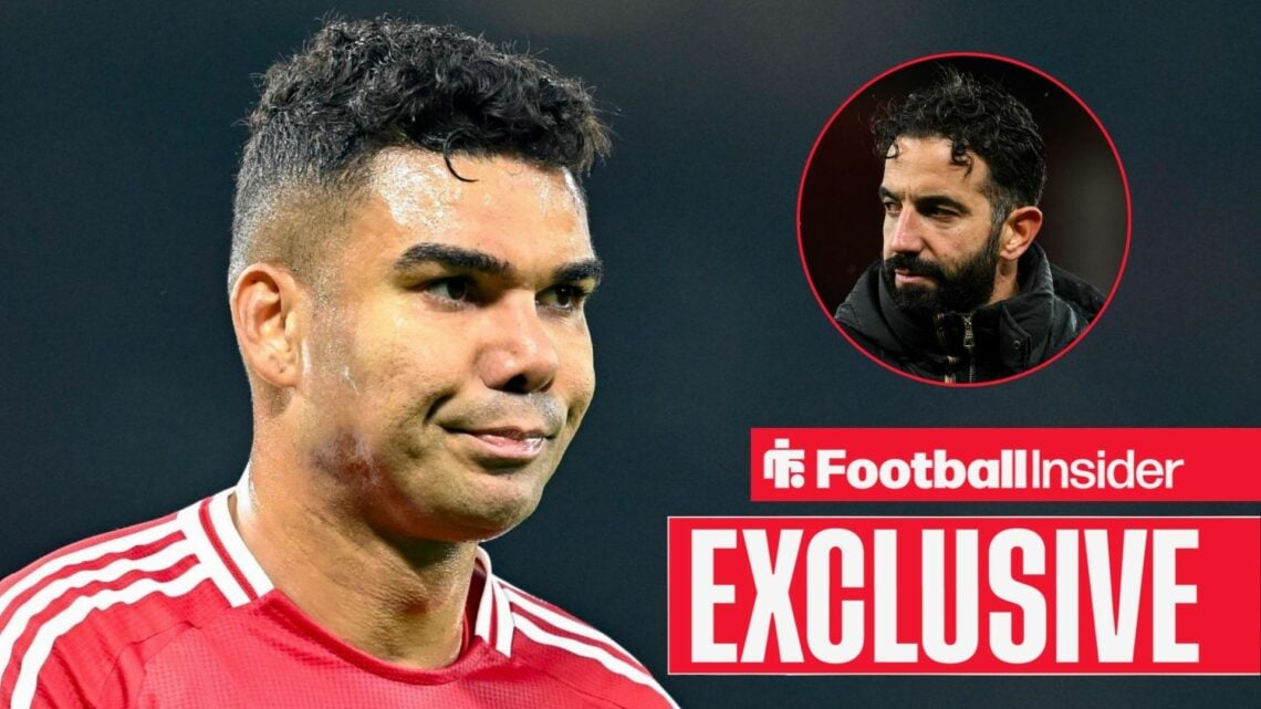 Man United's Casemiro in action looking at head coach Ruben Amorim who looks annoyed back right inset