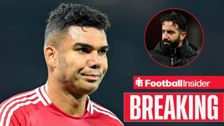 Man United's Casemiro looks annoyed in action with manager Ruben Amorim looking at him right inset