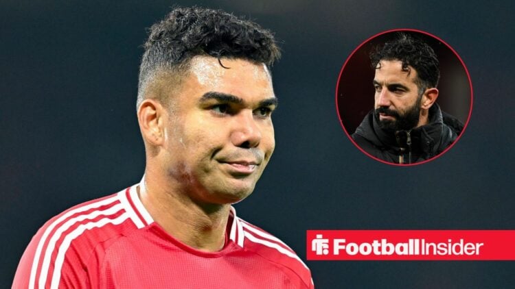 Casemiro looking concerned with Ruben Amorim included in a circular inset