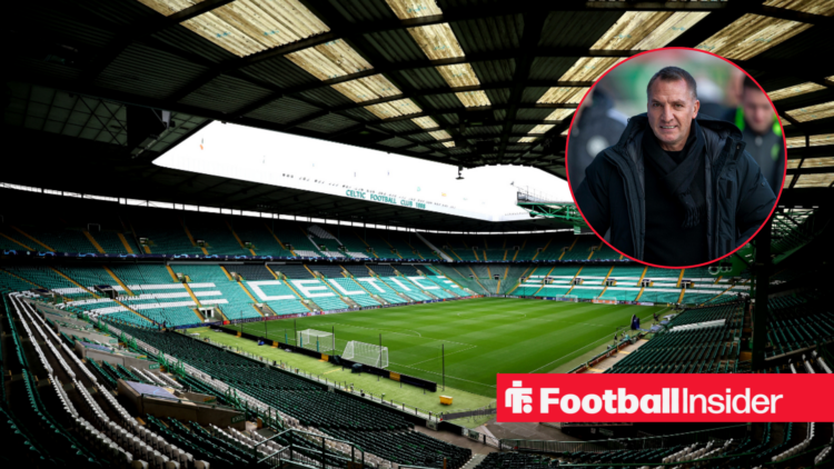 An image of Brendan Rodgers in a circular frame within an image of Celtic Park