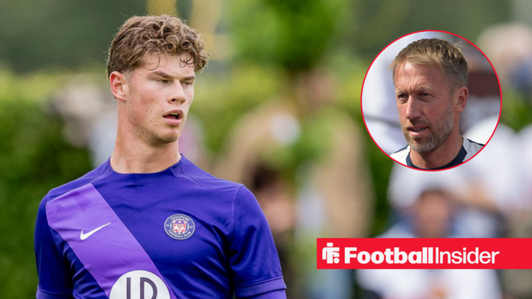 Charlie Cresswell in a purple Toulouse shirt on the left looking at Graham Potter looking focused on the right