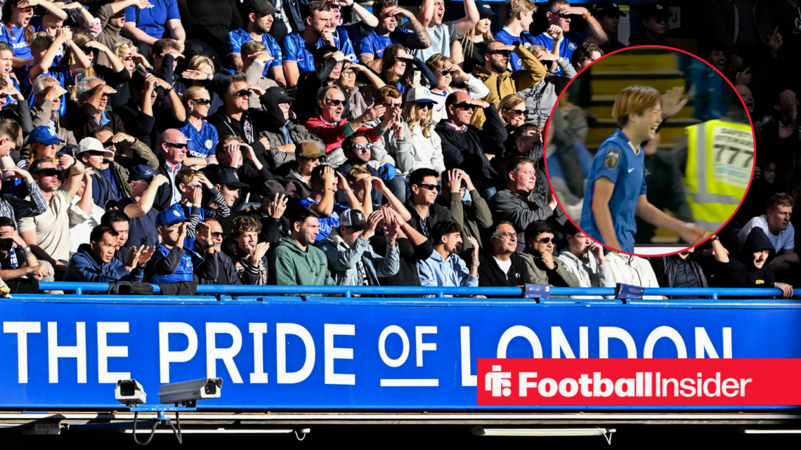 Chelsea fans and Maika Hamano in a blue Chelsea kit