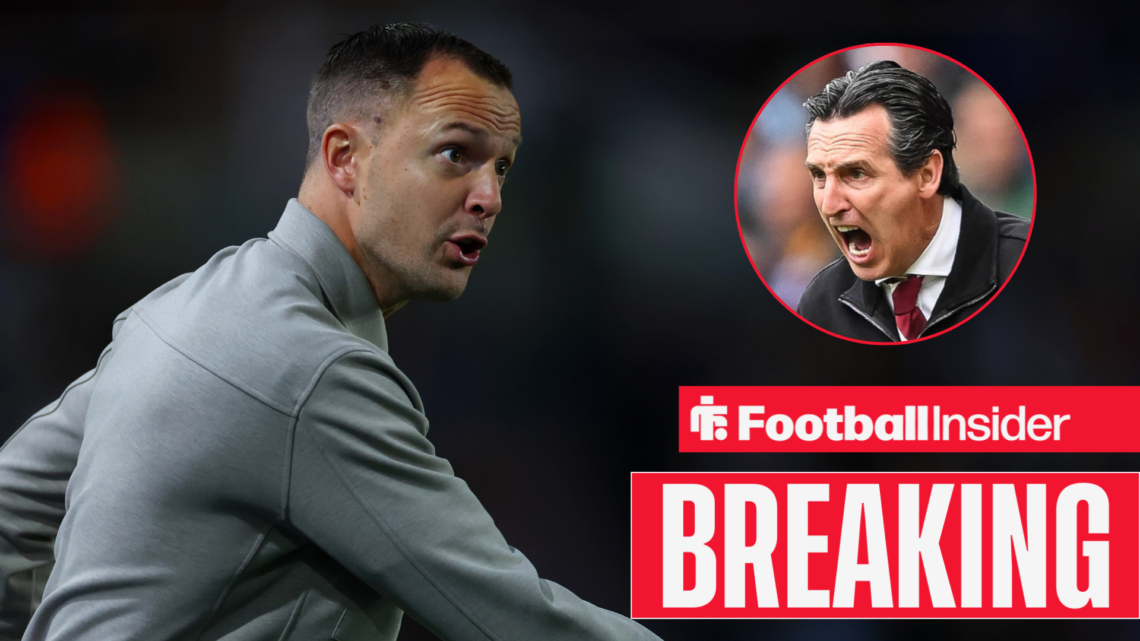 Birmignham City manager Chris Davies giving instructions on the touchline with Aston Villa boss Unai Emery screaming back at him right inset