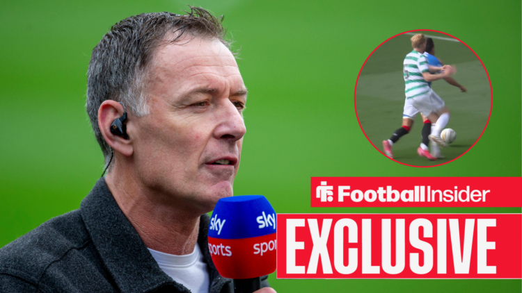 Chris Sutton on commentary, Bojan Miovski and Liam Scales clashing in a circular inset