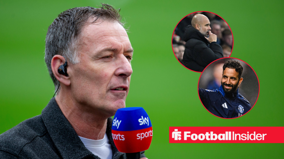 Chris Sutton reporting for Sky Sports, Pep Guardiola and Ruben Amorim in circular insets