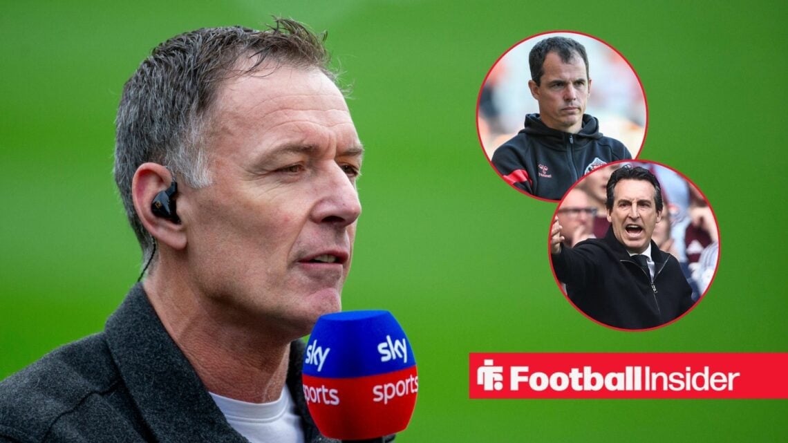 Chris Sutton speaking on Sky Sports, Regis Le Bris and Unai Emery in circular insets