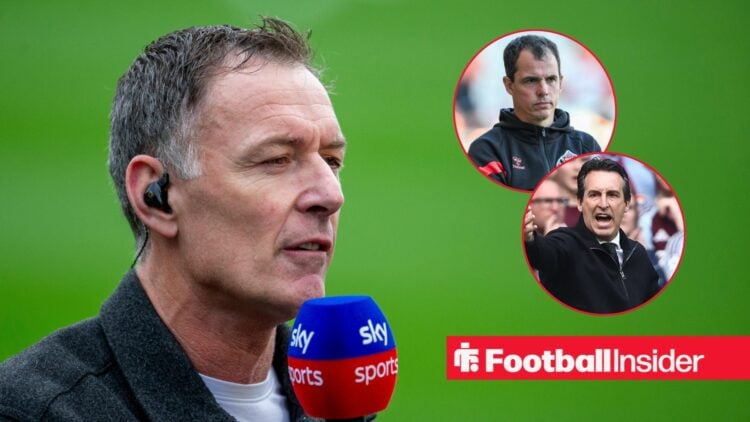Chris Sutton speaking on Sky Sports, Regis Le Bris and Unai Emery in circular insets