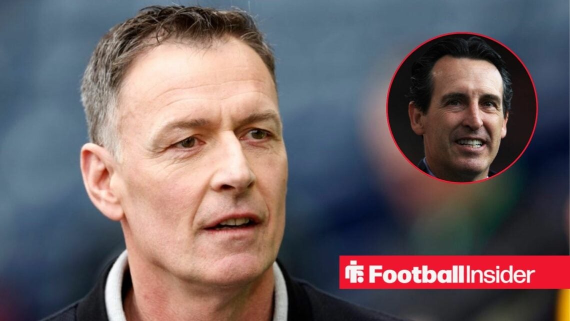 Chris Sutton alongside a circular inset of Aston Villa manager Unai Emery