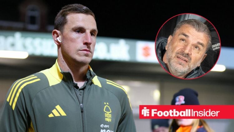 Chris Wood looking focused on the left listening to music with Ange Postecoglou puzzled on the right looking towards the sky