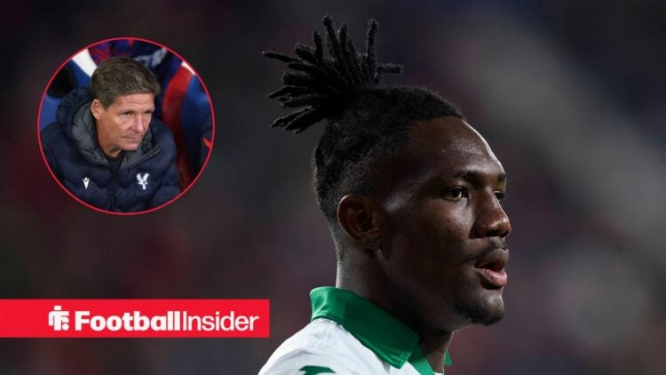 Christantus Uche looking in a white Getafe kit and Oliver Glasner in inset