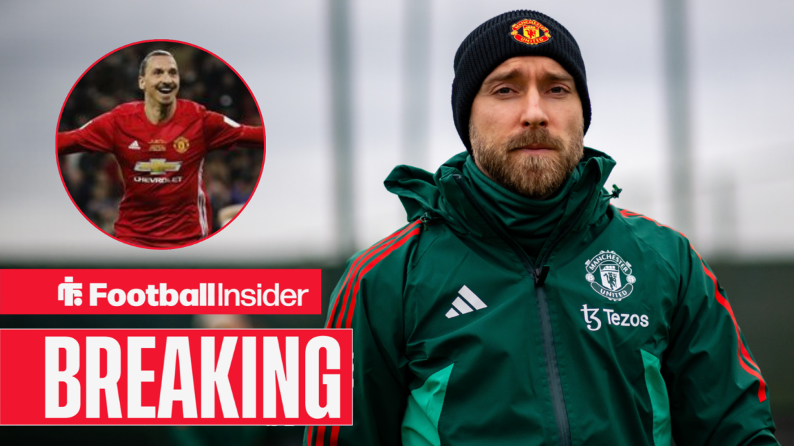Christian Eriksen in a Man United coat and hat, Zlatan Ibrahimovic in a circular inset