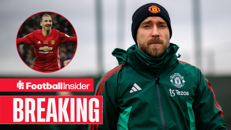 Christian Eriksen in a Man United coat and hat, Zlatan Ibrahimovic in a circular inset