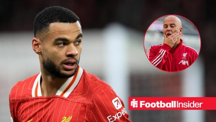 Cody Gakpo in a Liverpool shirt, Arne Slot in a circular inset