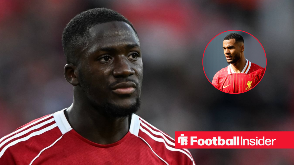 Ibrahima Konate alongside an image of Liverpool teammate Cody Gakpo in a circular frame
