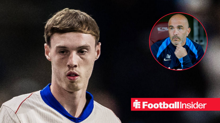Cole Palmer in white Chelsea shirt with Enzo Maresca inset