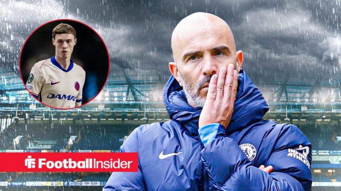 An image of Chelsea star Cole Palmer in a circular frame alongside Enzo Maresca looking concerned