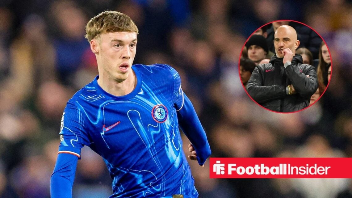 Cole Palmer in a blue Chelsea shirt next to an image of Enzo Maresca in a circular frame in a black coat