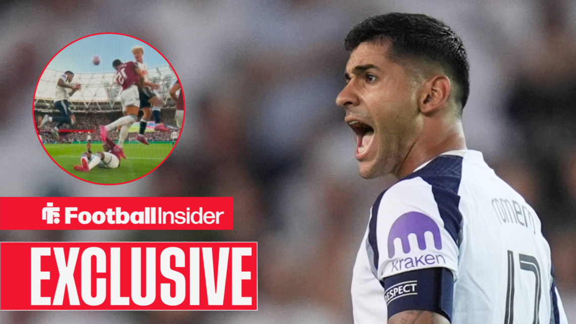 Exclusive red banner on the bottom left with Cristian Romero scoring a head on the left and the Argentinian shouting on the right