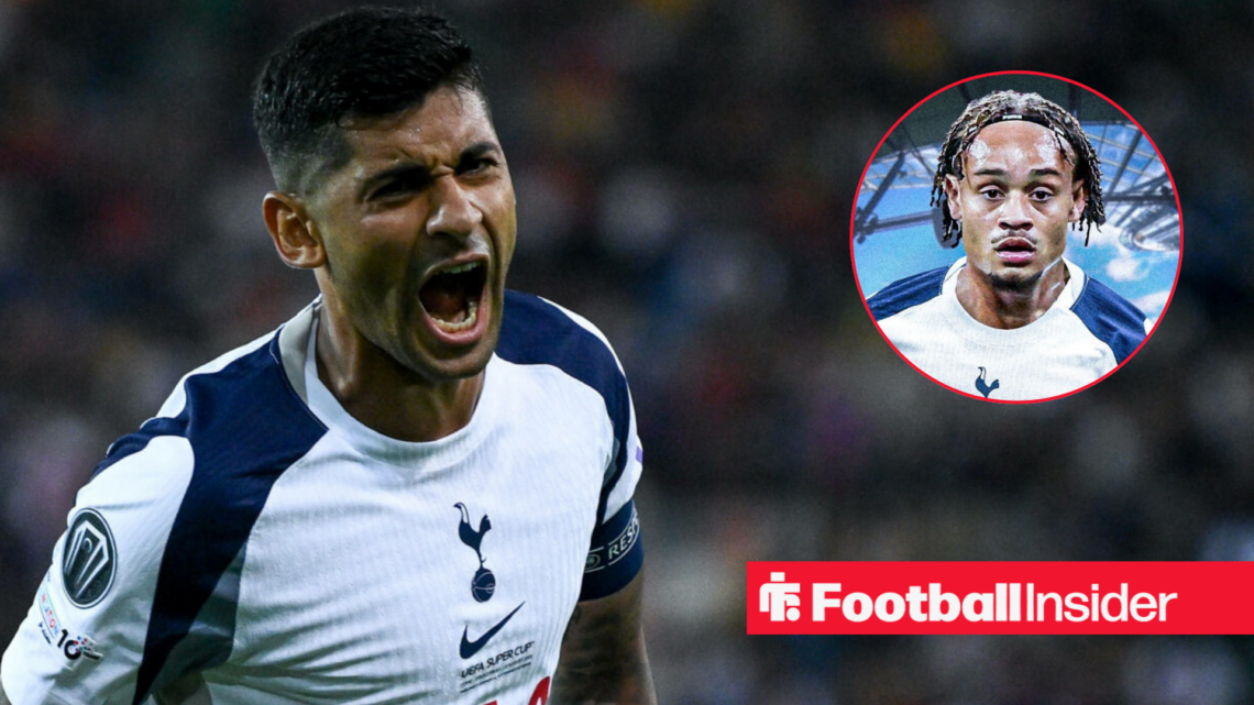 Cristian Romero in Tottenham home shirt with Xavi Simons inset