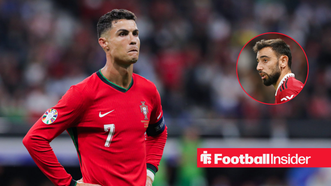Cristiano Ronaldo in a Portugal shirt alongside Bruno Fernandes in a Manchester United shirt