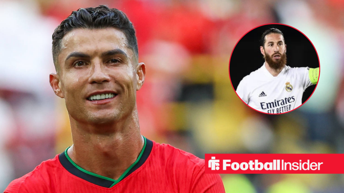 Cristiano Ronaldo grinning in a Portugal shirt, Sergio Ramos in a circular inset