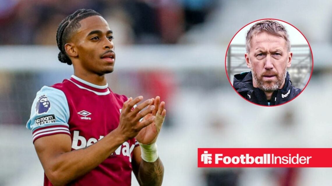 Crysencio Summerville in West Ham shirt with Graham Potter inset