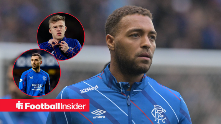 Cyriel Dessers in a blue Rangers tracksuit, Connor Barron in a blue Rangers tracksuit and Nedim Bajrami in a blue Rangers kit in rec circles.