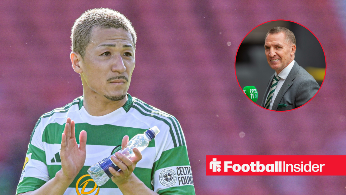 Celtic striker Daizen Maeda applauding next to an image of boss Brendan Rodgers