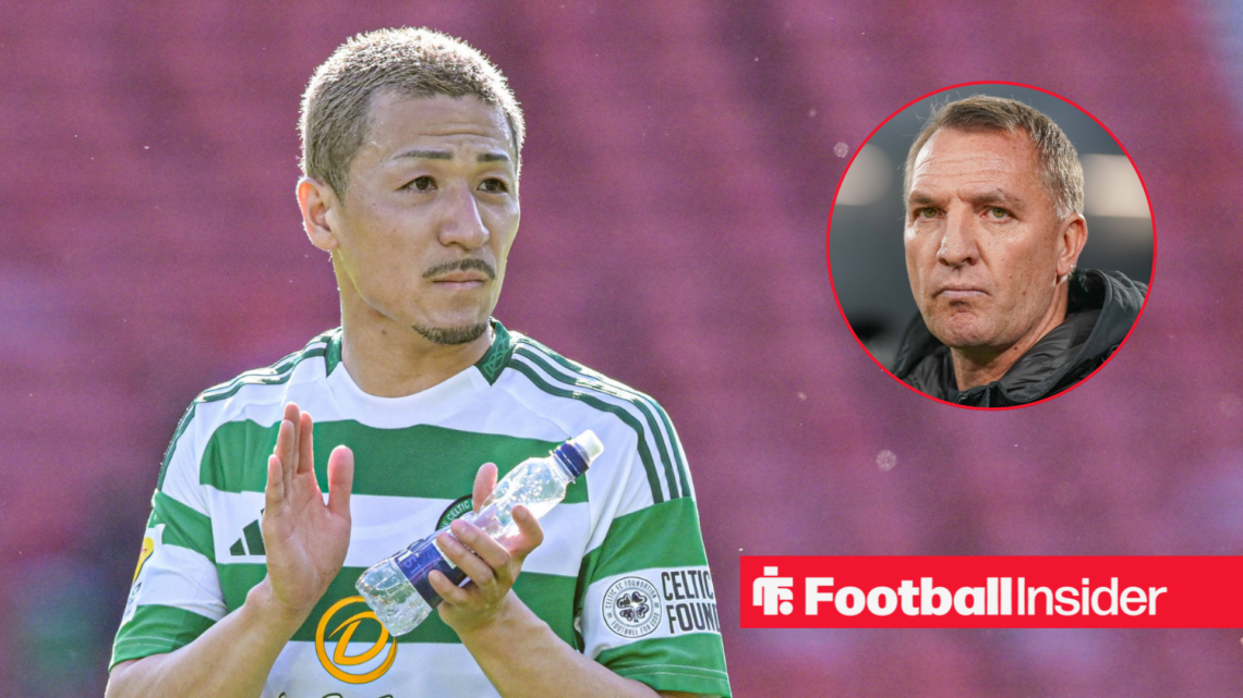 Daizen Maeda clapping at Celtic Park, Brendan Rodgers in a circular inset