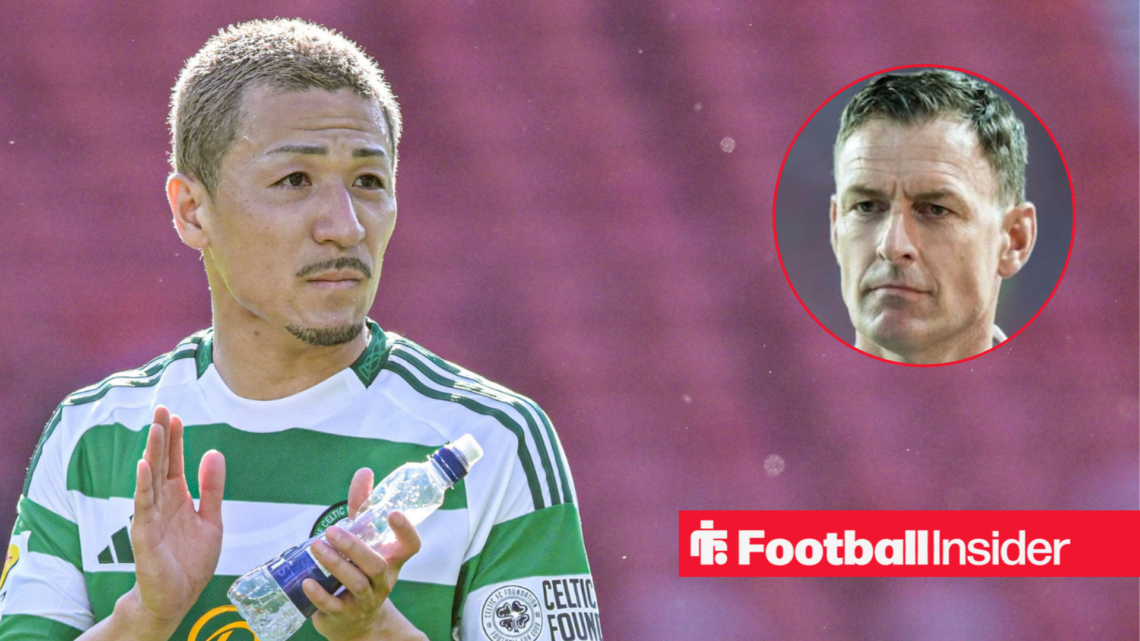 Celtic forward Daizen Maeda alongside a circular inset of Chris Sutton