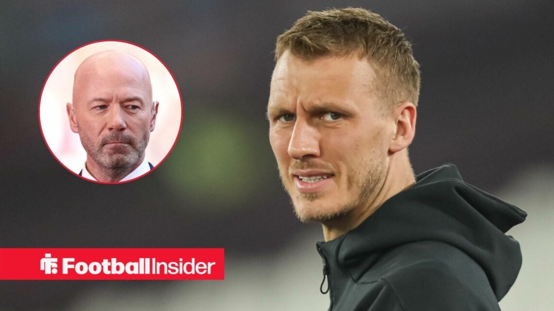 Newcastle's Dan Burn looks confused at camera with club legend Alan Shearer looking at him left inset