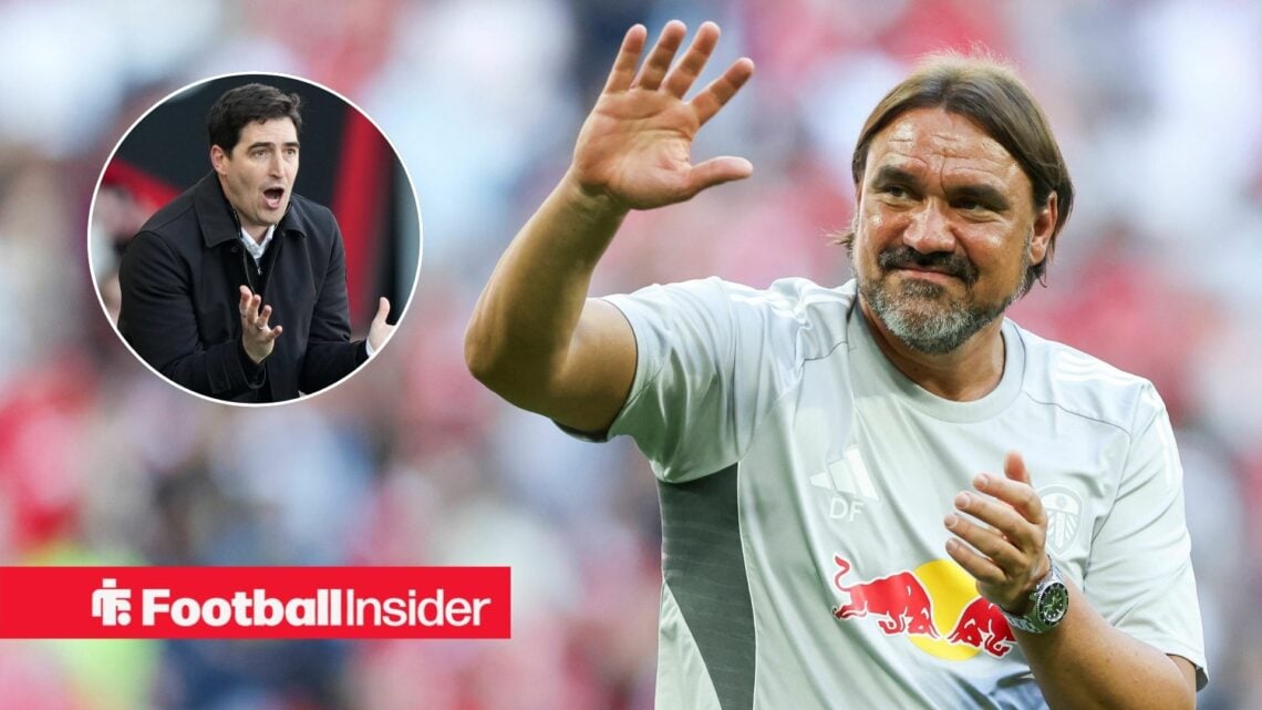 Daniel Farke smiling and waving, Andoni Iraola in a circular inset