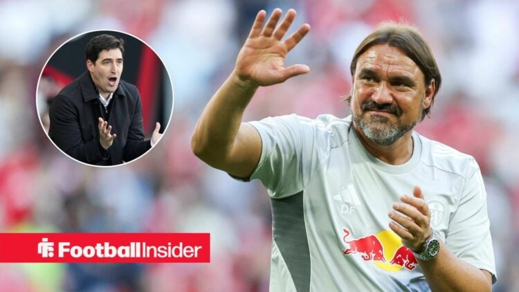 Daniel Farke smiling and waving, Andoni Iraola in a circular inset
