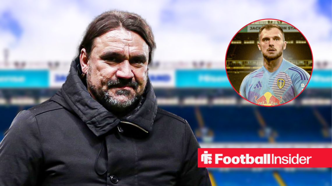 Leeds United boss Daniel Farke at Elland Road alongside an image of Lucas Perri
