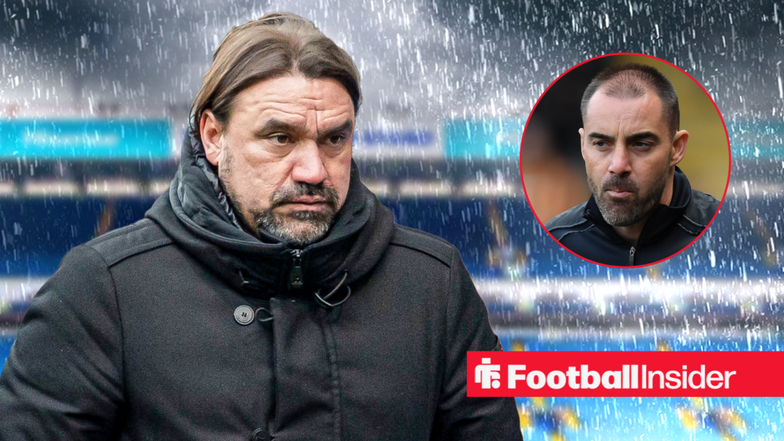 Leeds boss Daniel Farke looking upset at Elland Road with Sheffield United boss Ruben Selles looking his way right inset