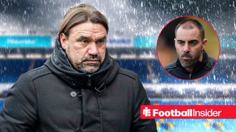 Leeds boss Daniel Farke looking upset at Elland Road with Sheffield United boss Ruben Selles looking his way right inset