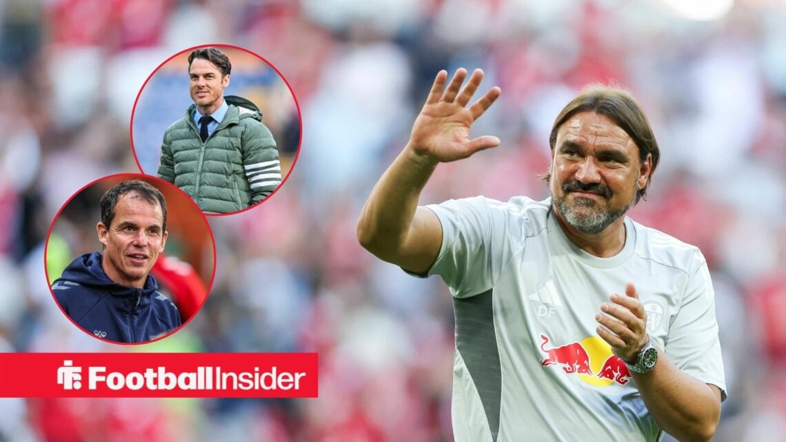 Daniel Farke waving with Regis Le Bris and Scott Parker in insets