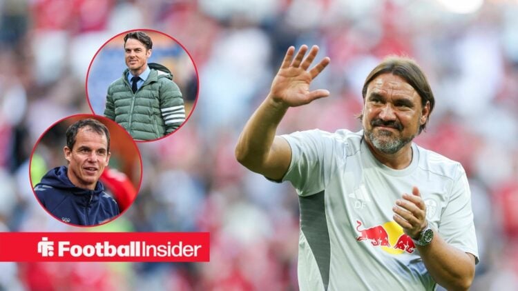 Daniel Farke waving with Regis Le Bris and Scott Parker in insets