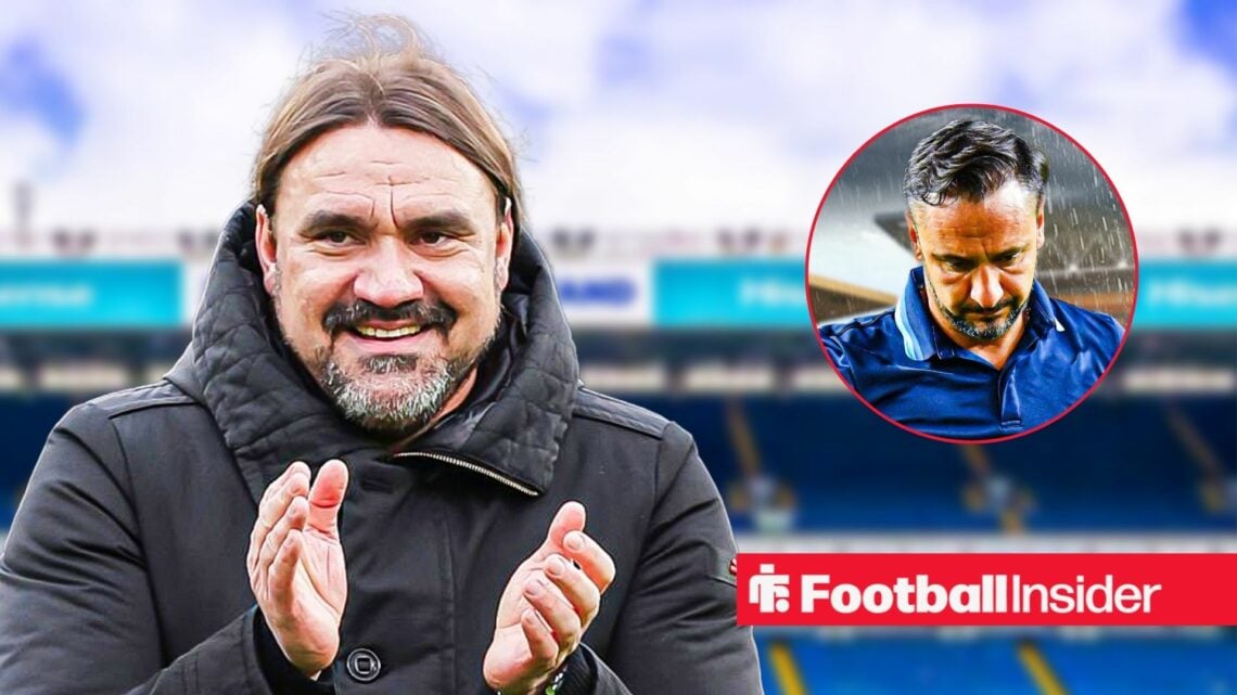 Leeds manager Daniel Farke looking pleased with Wolves boss Vitor Pereira looking upset right inset