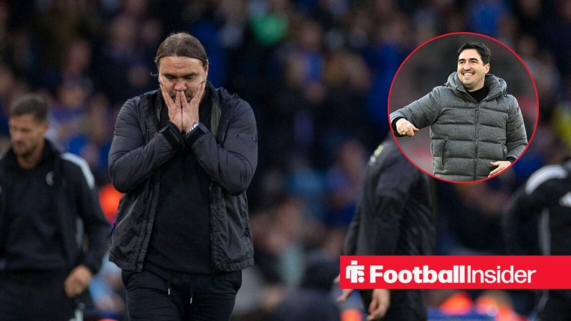Daniel Farke with his head in his hands and Andoni Iraola in inset