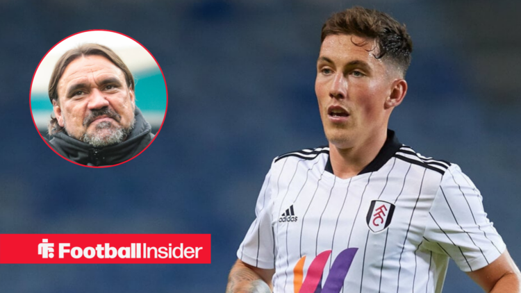 Daniel Farke smiling on the left with Fulham player Harry Wilson on the right looking focused