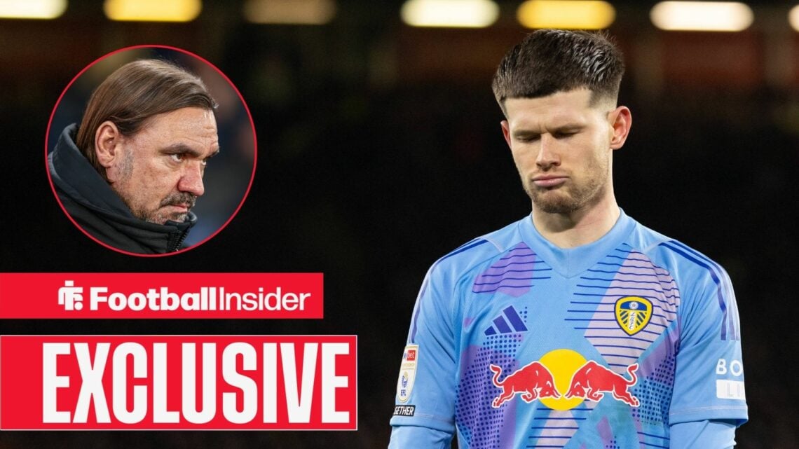Daniel Farke on the left looking serious staring at a disappointed Illan Meslier on the right with an EXCLUSIVE banner in the bottom left-hand corner