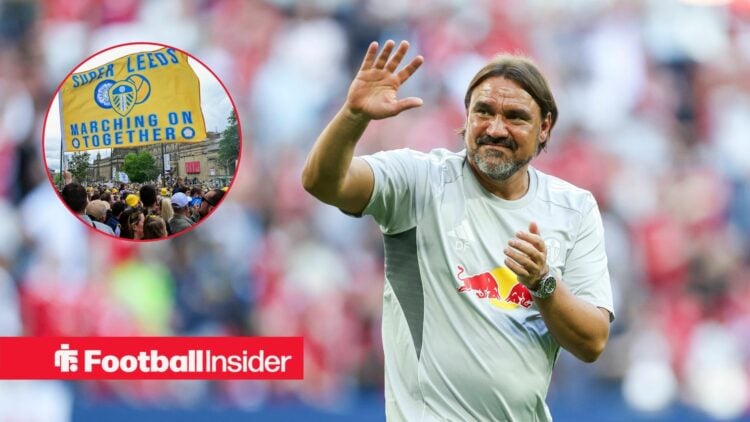 Daniel Farke waving and Leeds united fans in inset