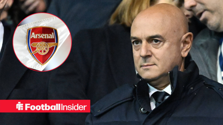 Daniel Levy, alongside a circular inset of the Arsenal badge