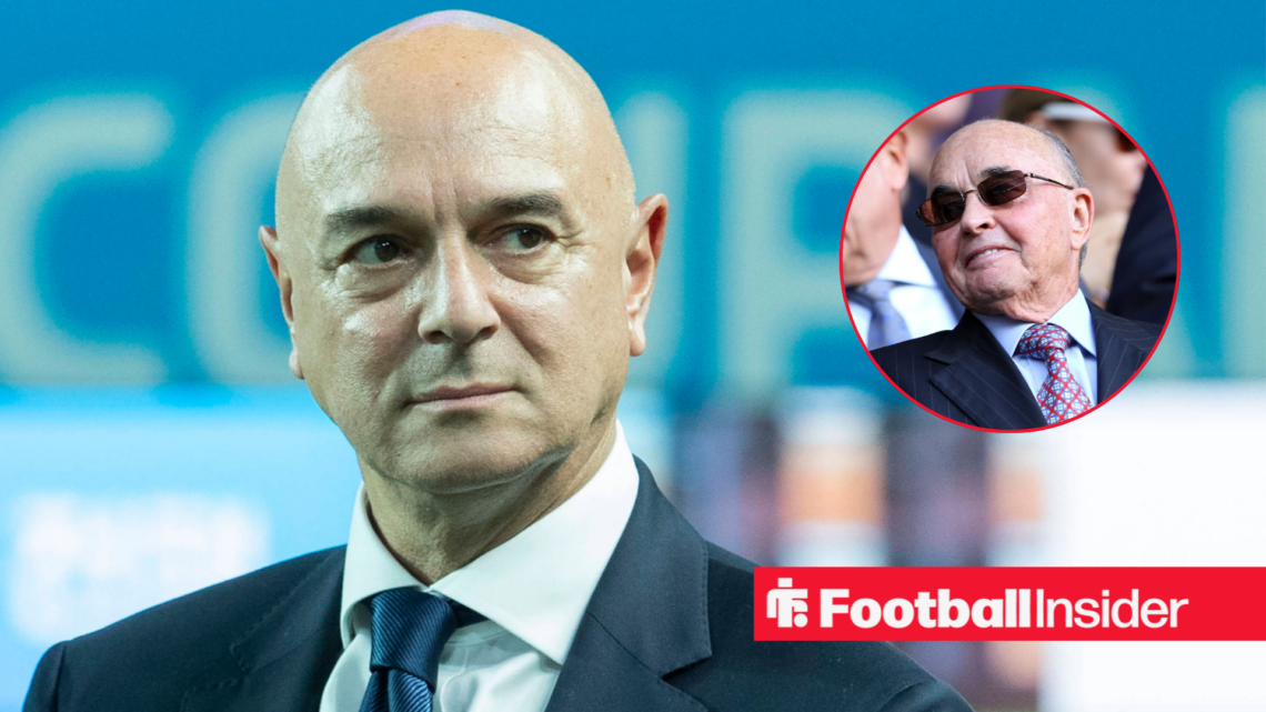 Former Tottenham chairman Daniel Levy in a suit looking ahead with Tottenham co-owner Joe Lewis smiling at him right inset