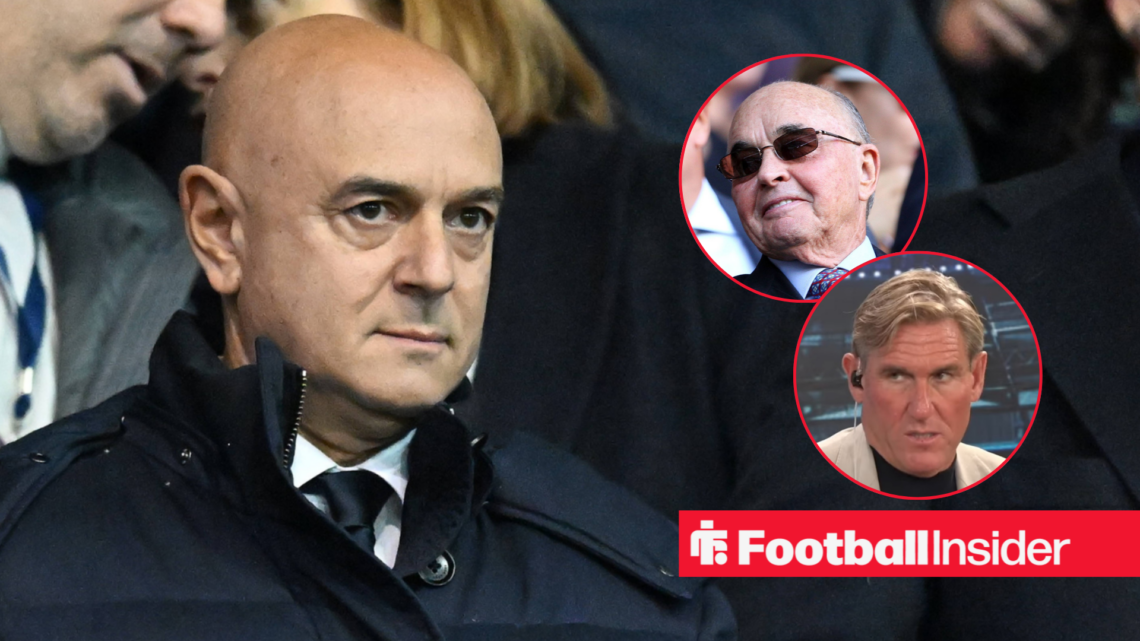 Ex-Tottenham chairman Daniel Levy looks on from the stands at Tottenham co-owner Joe Lewis and pundit Simon Jordan right insets