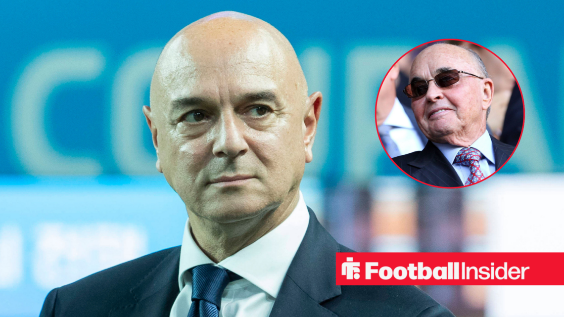 Daniel Levy in a suit with Joe Lewis included in a circular inset