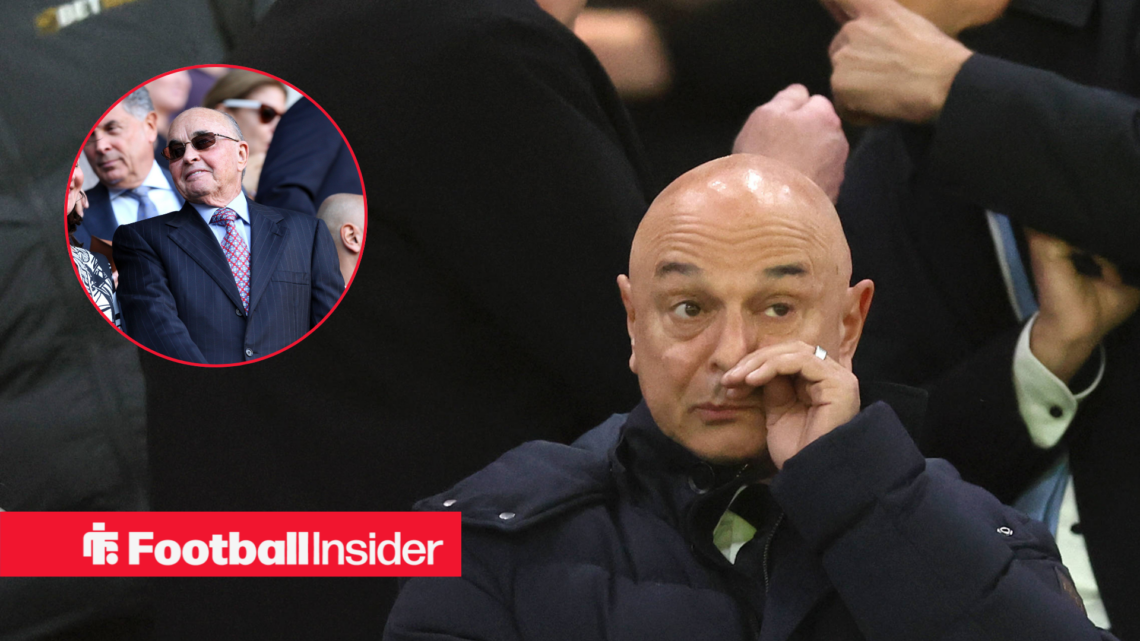 Daniel Levy in a black coat and Joe Lewis in a black suit in a red circle